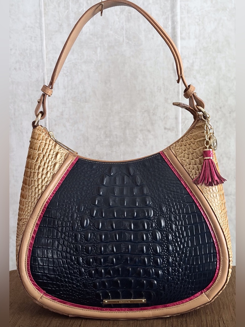 Brahmin Avondale Amira Ink Blue Croc Embossed Leather Large Hobo Shoulder Bag